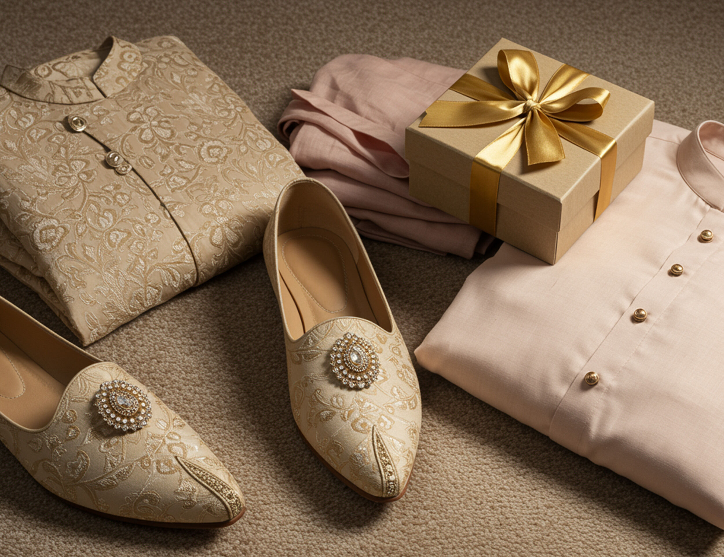 red gift boxes with white juttis and white kurta